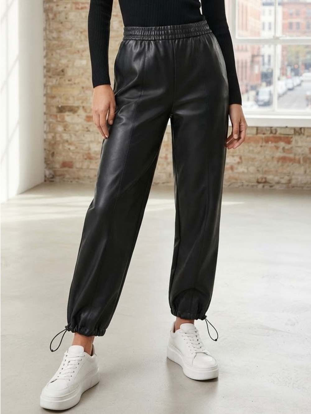 Zara Black Faux Leather Joggers with Drawstring Cuffs Large NWT